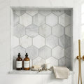 Completa Calacatta Gris 2x2 Hexagon Multi Finish Marble Mosaic — Bathroom niche