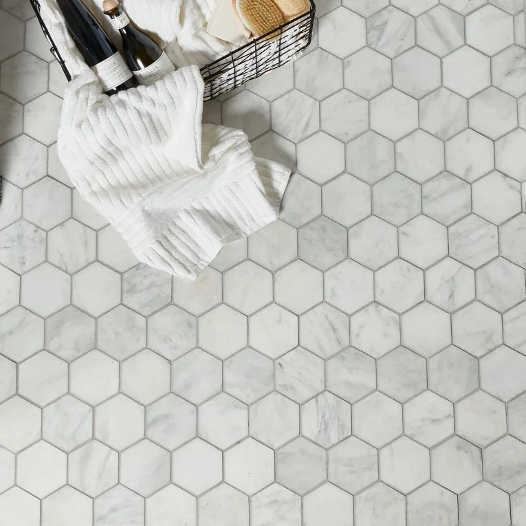 Completa Calacatta Gris Honed 4 Inch Hexagon Mesh Marble Mosaic