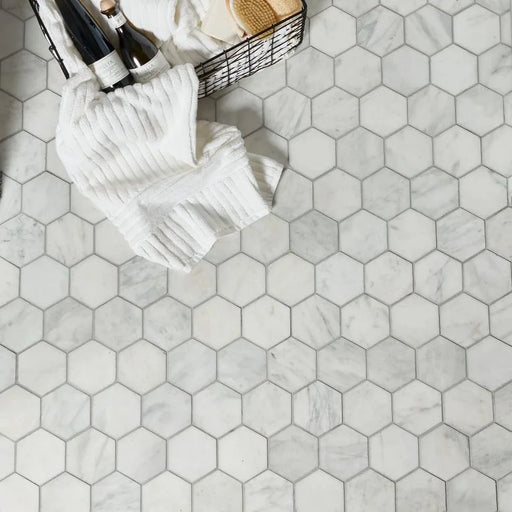 Completa Calacatta Gris Honed 4 Inch Hexagon Mesh Marble Mosaic