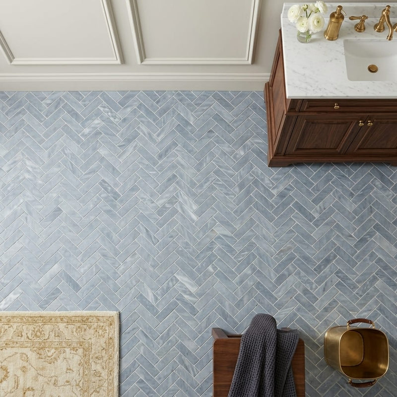 Completa D Blue 1x4 Herringbone Honed Marble Mosaic — Bathroom floor