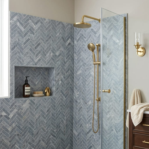 Completa D Blue 1x4 Herringbone Honed Marble Mosaic — Bathroom shower wall