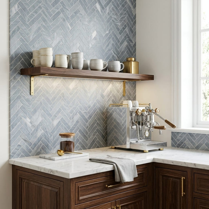 Completa D Blue 1x4 Herringbone Honed Marble Mosaic — Kitchen backsplash