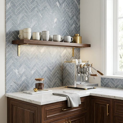 Completa D Blue 1x4 Herringbone Honed Marble Mosaic — Kitchen backsplash