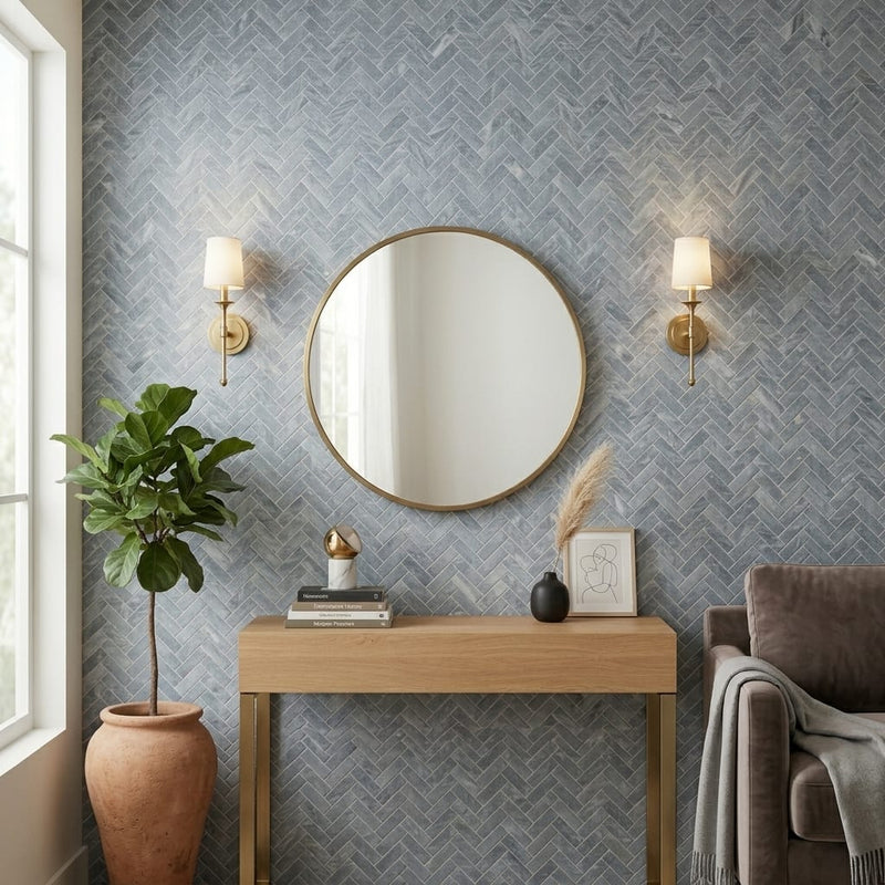 Completa D Blue 1x4 Herringbone Honed Marble Mosaic — Living Room accent wall