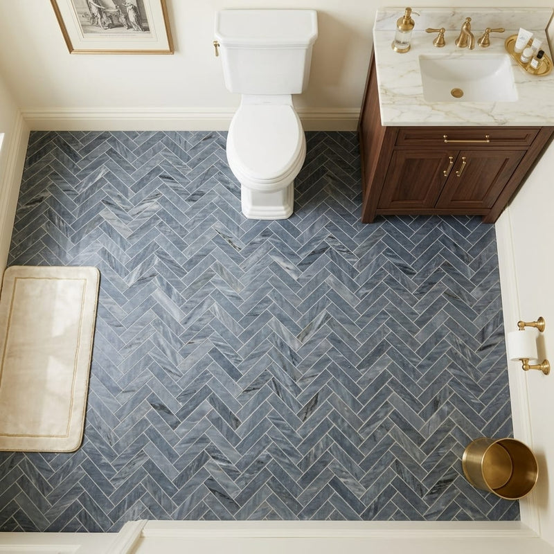 Completa D Blue 1x4 Herringbone Honed Marble Mosaic — Powder Room floor