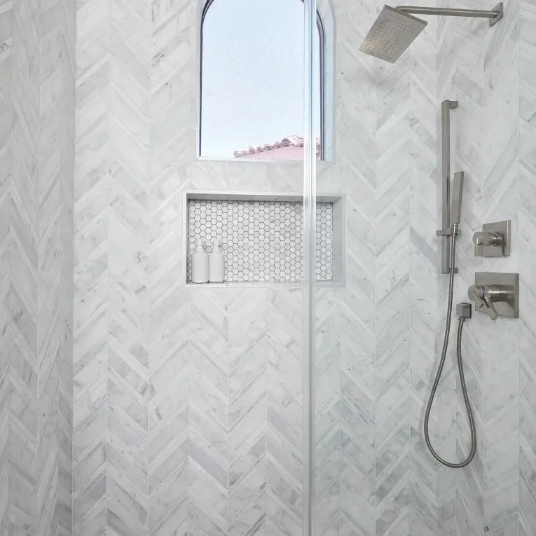 Completa Calacatta Gris Chevron Honed Marble Mosaic