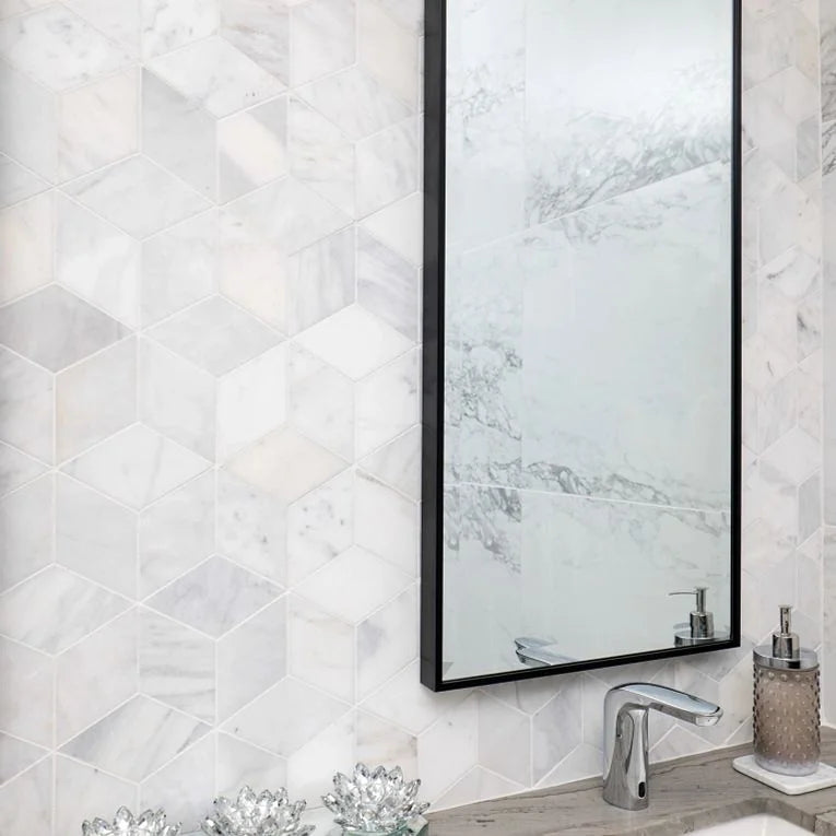 Completa Marble Series Calacatta Gris Rhomboid Honed Marble Mosaic