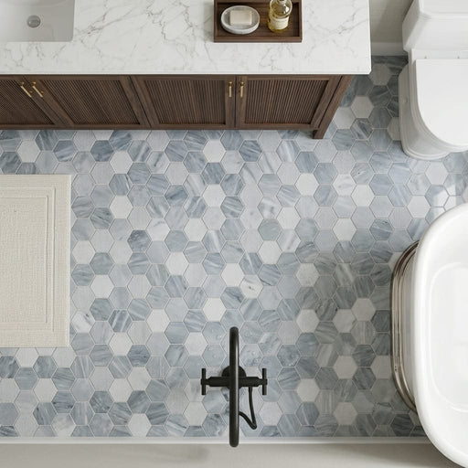 Completa Marble Series D Blue 2x2 Hexagon Multi Finish Marble Mosaic — Bathroom floor
