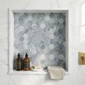 Completa Marble Series D Blue 2x2 Hexagon Multi Finish Marble Mosaic — Bathroom niche