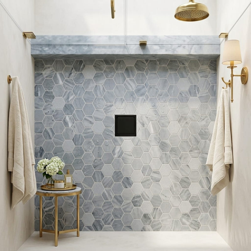 Completa Marble Series D Blue 2x2 Hexagon Multi Finish Marble Mosaic — Bathroom shower floor
