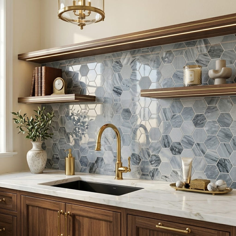 Completa Marble Series D Blue 2x2 Hexagon Multi Finish Marble Mosaic — Kitchen backsplash