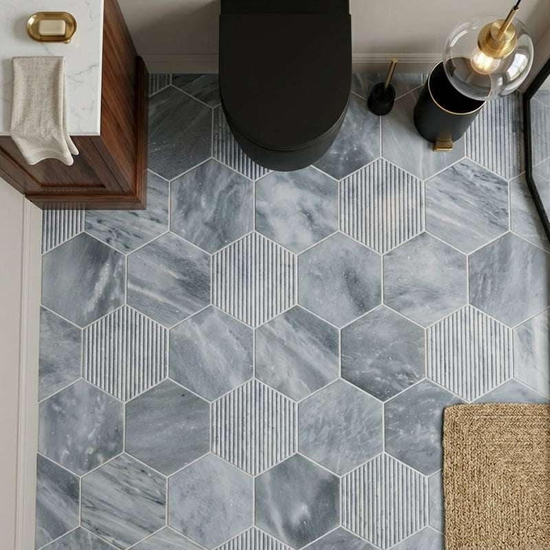 Completa Marble Series D Blue 2x2 Hexagon Multi Finish Marble Mosaic — Powder Room floor