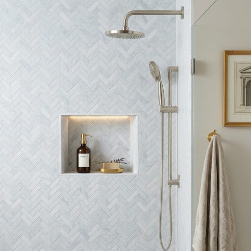 Completa Marble Series Sky Blue 1x4 Herringbone Honed Marble Mosaic — Bathroom shower wall