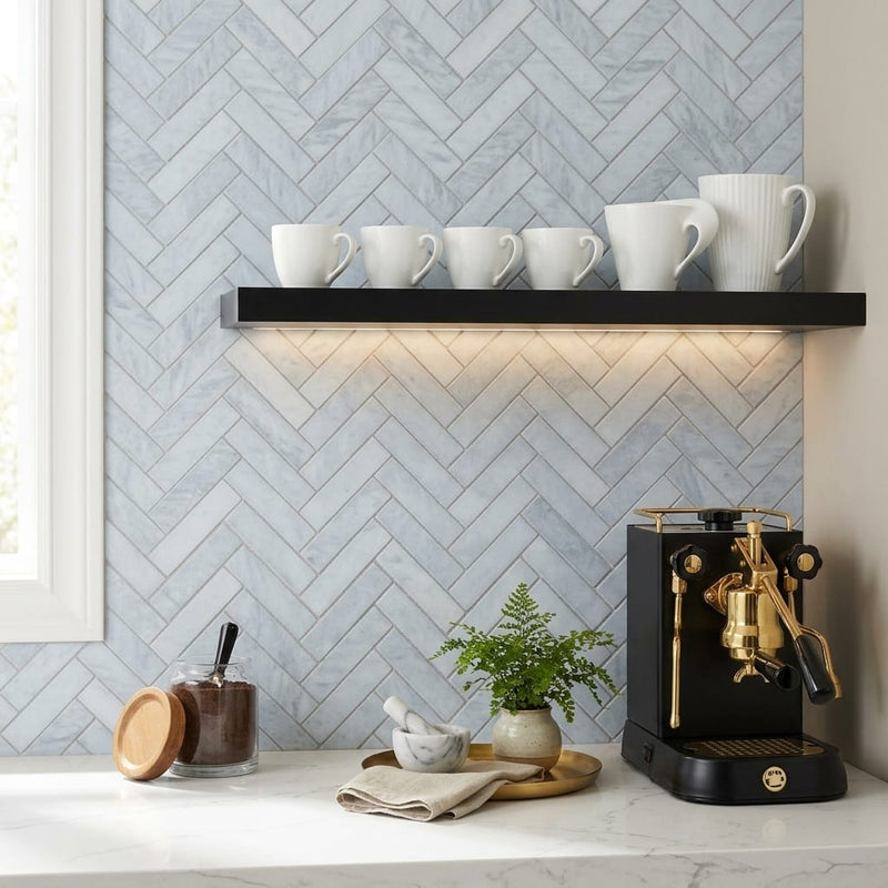 Completa Marble Series Sky Blue 1x4 Herringbone Honed Marble Mosaic — Kitchen backsplash