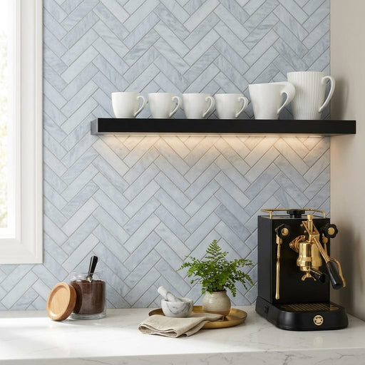 Completa Marble Series Sky Blue 1x4 Herringbone Honed Marble Mosaic — Kitchen backsplash