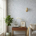 Completa Marble Series Sky Blue 1x4 Herringbone Honed Marble Mosaic — Living Room accent wall