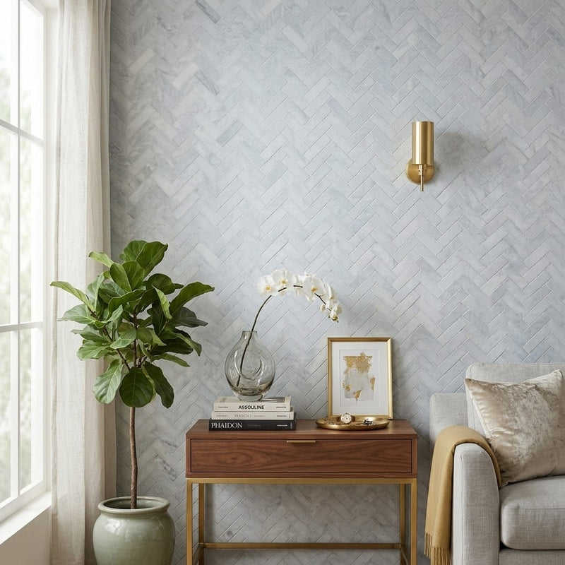 Completa Marble Series Sky Blue 1x4 Herringbone Honed Marble Mosaic — Living Room accent wall