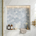 Completa Marble Series Sky Blue 2x2 Hexagon Multi Finish Marble Mosaic — Bathroom niche