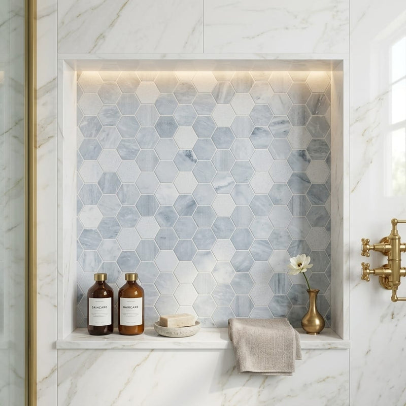 Completa Marble Series Sky Blue 2x2 Hexagon Multi Finish Marble Mosaic — Bathroom niche