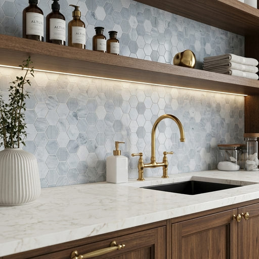 Completa Marble Series Sky Blue 2x2 Hexagon Multi Finish Marble Mosaic — Kitchen backsplash