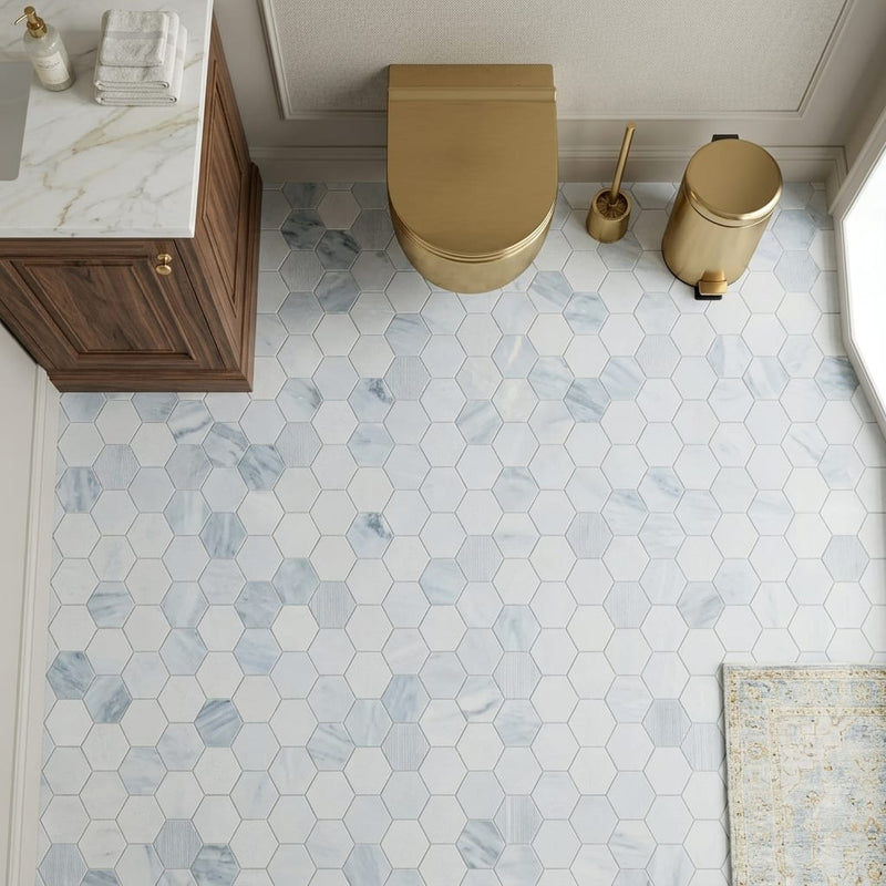 Completa Marble Series Sky Blue 2x2 Hexagon Multi Finish Marble Mosaic — Powder Room floor