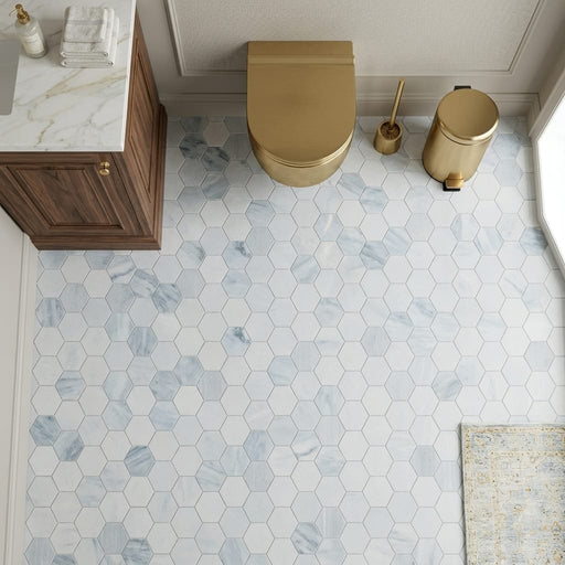 Completa Marble Series Sky Blue 2x2 Hexagon Multi Finish Marble Mosaic — Powder Room floor