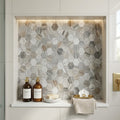 Completa Marble Series Skyline 2x2 Hexagon Multi Finish Mesh Marble Mosaic — Bathroom niche