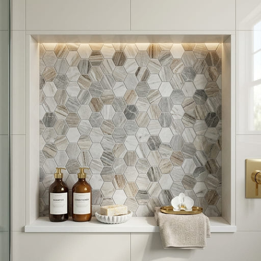 Completa Marble Series Skyline 2x2 Hexagon Multi Finish Mesh Marble Mosaic — Bathroom niche