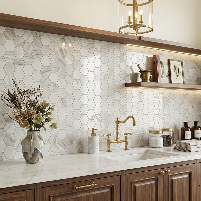 Completa Marble Series Skyline 2x2 Hexagon Multi Finish Mesh Marble Mosaic — Kitchen backsplash