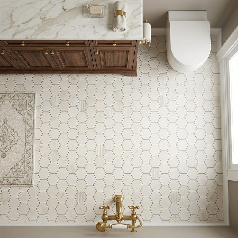 Completa Marble Series Terra Nova 2x2 Hexagon Multi Finish Marble Mosaic — Bathroom floor