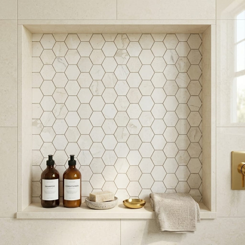 Completa Marble Series Terra Nova 2x2 Hexagon Multi Finish Marble Mosaic — Bathroom niche