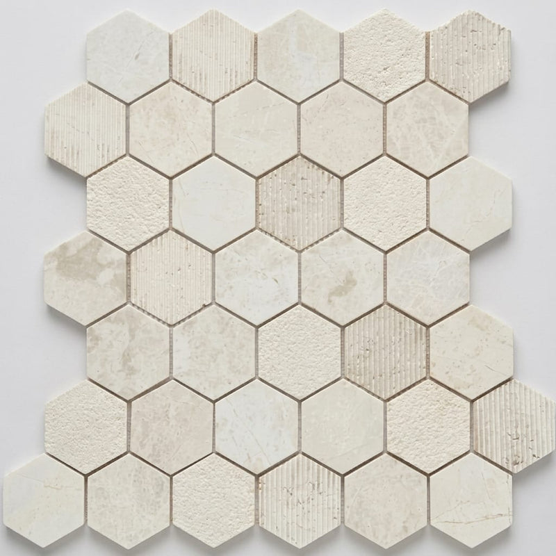 Completa Marble Series Terra Nova 2x2 Hexagon Multi Finish Marble Mosaic close-up