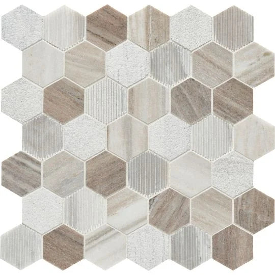 Completa Marble Series Skyline 2x2 Hexagon Multi Finish Mesh Marble Mosaic
