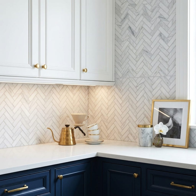 Completa Series Bianco Venatino 1x4x3/8 Honed Herringbone Marble Mosaic — Kitchen backsplash