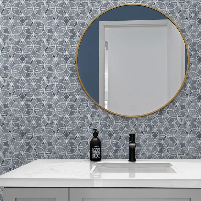 Completa Series D Blue Flower Honed Marble Mosaic