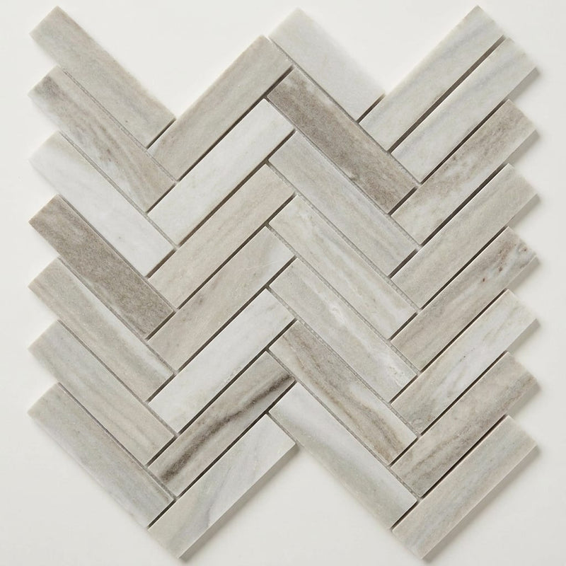 Completa Series Skyline 1x4 Honed Herringbone Marble Mosaic close-up