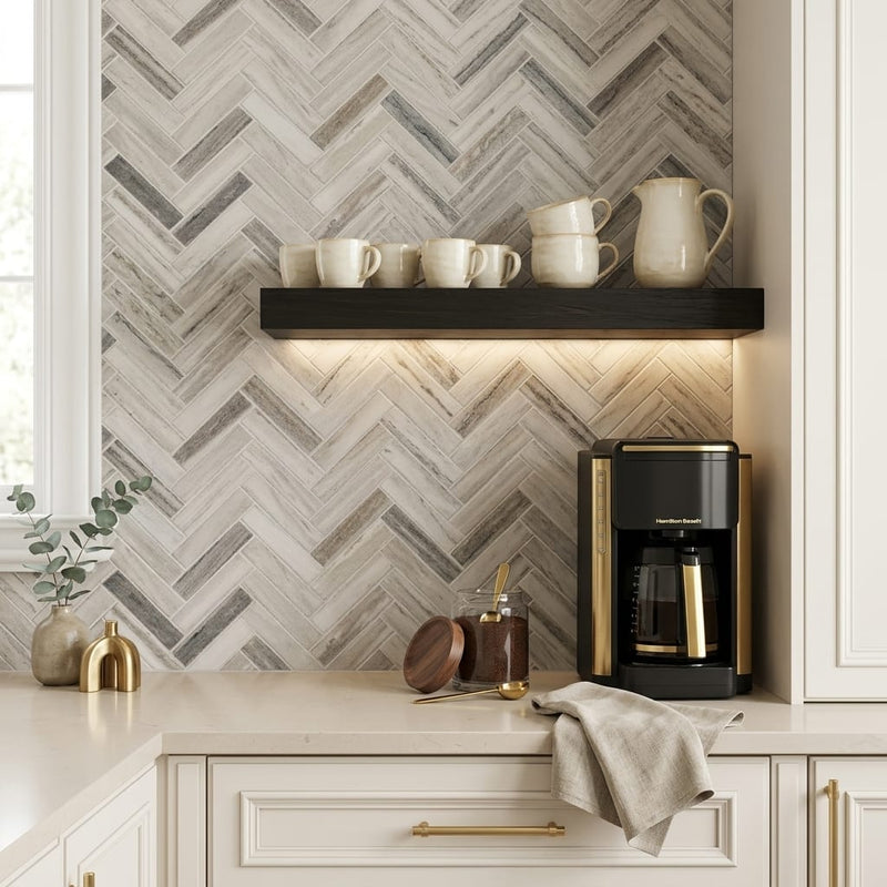 Completa Series Skyline 1x4 Honed Herringbone Marble Mosaic — Kitchen backsplash