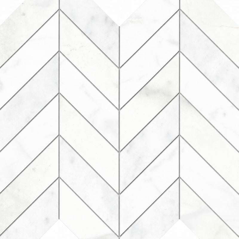 White marble-look porcelain chevron mosaic tile with subtle gray veining and visible grout lines.