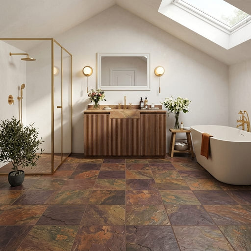 Copper 12x12 Gauged Quartzite Tile — Bathroom floor