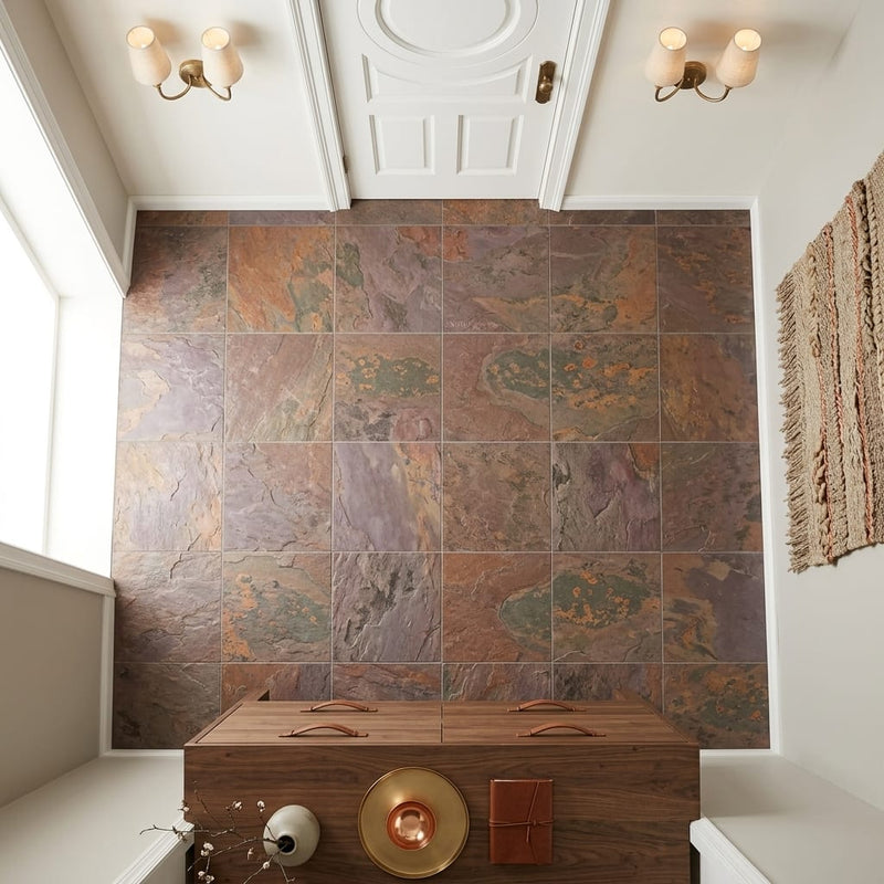 Copper 12x12 Gauged Quartzite Tile — Hallway floor