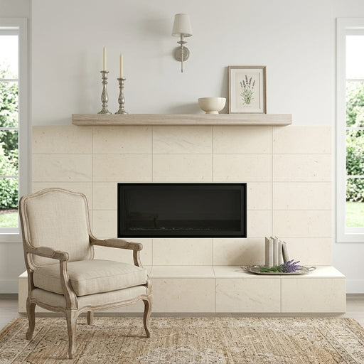 Corinthian White 12x24 Filled & Honed Limestone Tile — Living Room fireplace surround