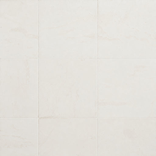 Corinthian White 24x24 filled and honed limestone tiles with soft ivory tones and subtle beige mineral patterns.