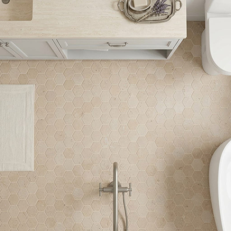 Corton Limestone Mosaic Sable Honed 2x2 Hexagon. — Bathroom floor