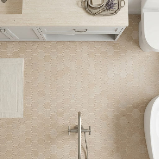Corton Limestone Mosaic Sable Honed 2x2 Hexagon. — Bathroom floor