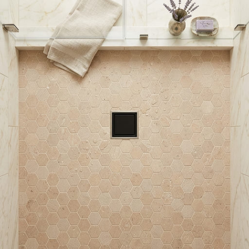 Corton Limestone Mosaic Sable Honed 2x2 Hexagon. — Bathroom shower floor
