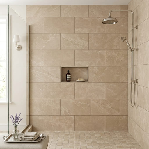 Corton Sable Limestone Tile 12x24 Honed 3/8 inch — Bathroom shower wall