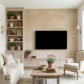 Corton Sable Limestone Tile 12x24 Honed 3/8 inch — Living Room feature wall
