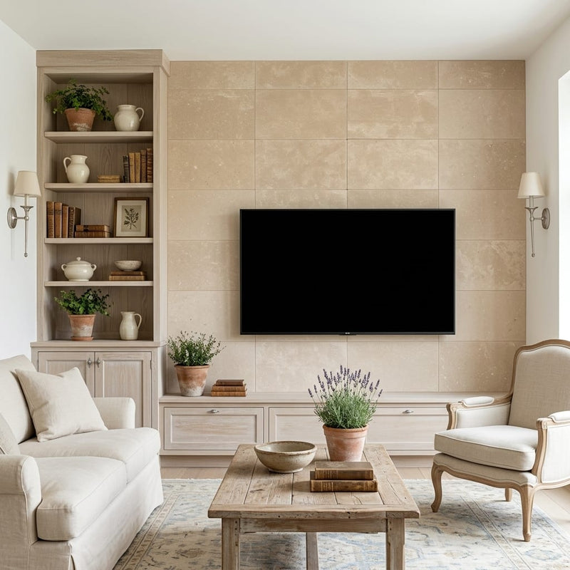 Corton Sable Limestone Tile 12x24 Honed 3/8 inch — Living Room feature wall