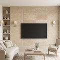 Corton Sable Limestone Tile 12x24 Tumbled 3/8 inch — Living Room feature wall