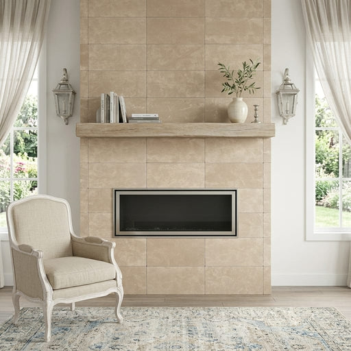 Corton Sable Limestone Tile 12x24 Tumbled 3/8 inch — Living Room fireplace surround